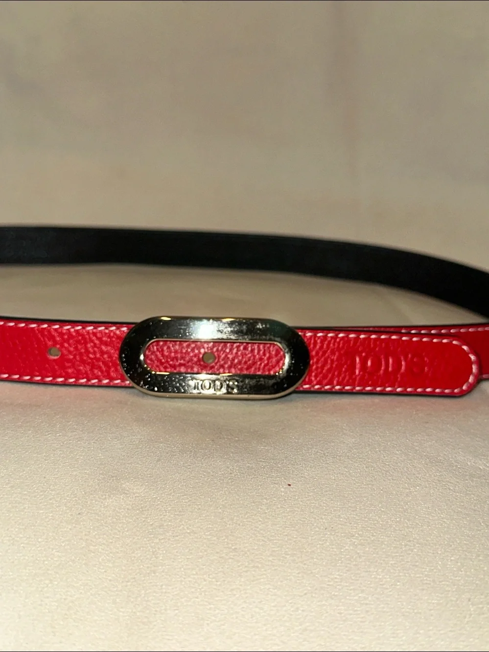 Tod's True Red Leather Belt with Silver Logo Engraved Buckle & White Stitching